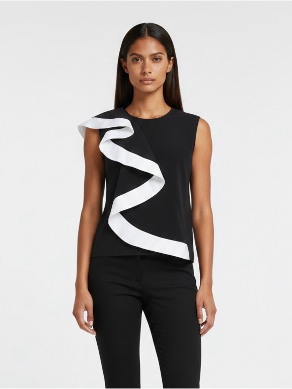 Givenchy Black and White Asymmetric Ruffle Blouse